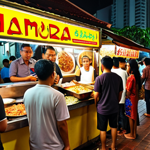 **

A crowded "mamak" stall at night, filled with people speaking in a mix of Malay and English ("Bahasa Rojak"). Focus on the vibrant atmosphere, the mix of traditional Malay food and modern elements like smartphones. Emphasize the casual, everyday use of language mixing.

**