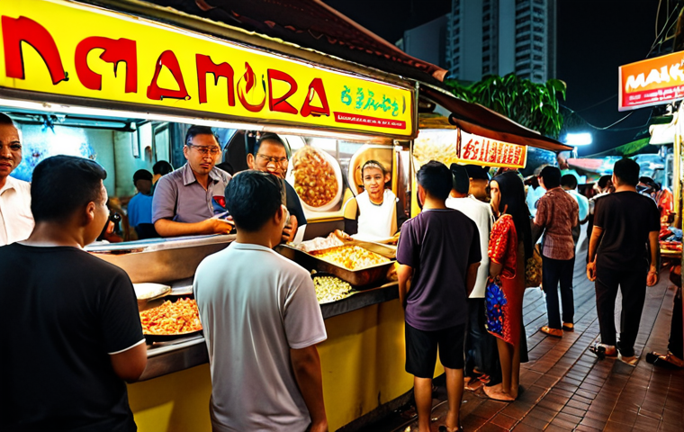 **
A crowded "mamak" stall at night, filled with people speaking in a mix of Malay and English ("Bahasa Rojak"). Focus on the vibrant atmosphere, the mix of traditional Malay food and modern elements like smartphones. Emphasize the casual, everyday use of language mixing.
**